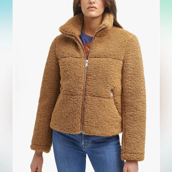Levi's Women's Breanna Puffer Jacket Brown Sherpa Teddy Fuzzy Size S - Picture 2 of 10